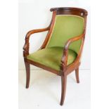 Mahogany Elbow Chair in the Regency manner with green upholstered back and seat, 59cm wide x 52cm