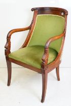 Mahogany Elbow Chair in the Regency manner with green upholstered back and seat, 59cm wide x 52cm