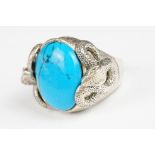 Silver and Large Turquoise Paneled Ring with Serpent Handles
