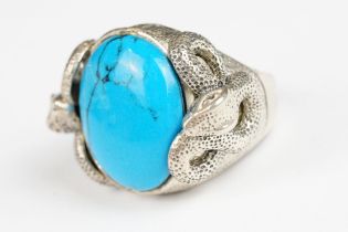 Silver and Large Turquoise Paneled Ring with Serpent Handles