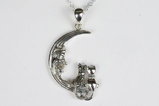 Silver Moon and Cat Pendant Necklace