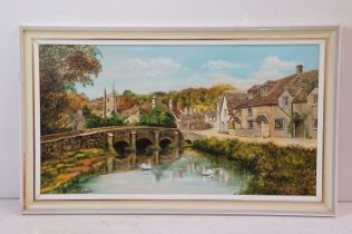 J. Wilson Hepburn (20th century) - A local interest oil on canvas scene of swans by a bridge in