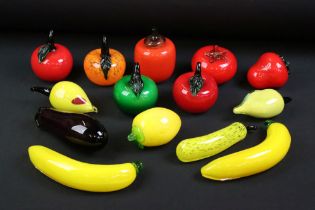 Collection of Murano glass style fruit ornaments including tomatoes, bananas, apples etc. Banana