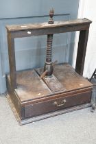 19th century Oak Table Top Book Press with turned thread screw and drawer below, 69cm wide x 72cm