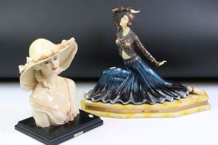 Art Nouveau style Lady Figurine on a marble effect base, 36cm x 15cm x 26cm together with an V.