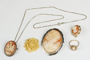 A small collection of Cameo jewellery to include silver examples.