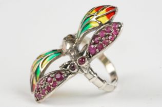 Large Silver Plique a Jour Butterfly Ring