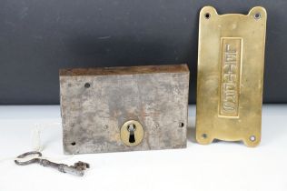 Heavy duty steel safe lock & key, together with a brass door letter box (20.5cm high)