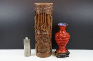 Carved bamboo brush pot / holder, carved with Chinese figures (38.5cm high), cinnabar lacquered