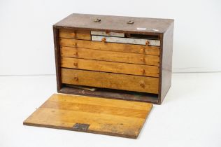 Early 20th century Wooden Engineer's Cabinet, the front cover lifting off to an arrangement of seven