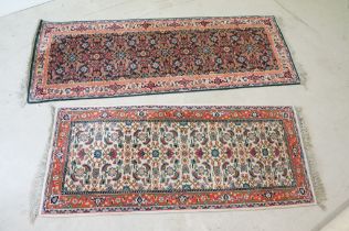 Green ground Runner Rug, 199cm x 72cm together with Pink and Cream ground Runner Rug, 163cm x 71cm