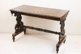 Victorian Walnut Side / Games Table, the top with marquetry chess board inlay, raised on two