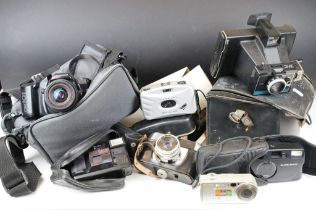 Group of cameras & accessories to include Olympus OM101 Power Focus, Canon Sure Shot, Polaroid