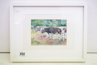 M G Underwood, cows, watercolour, 14 x 19.5cm, signed lower right, framed and glazed