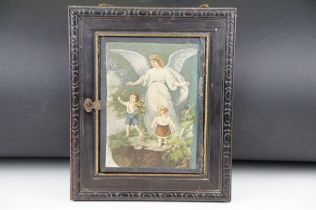 French folding travel mirror with printed scenes depicting an angel and two children, the wooden