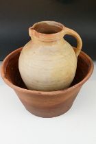 Terracotta dairy / mixing bowl of typical conical form (38cm diameter), plus a large Lakes Pottery