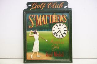 St Matthews Golf Club ' Members Only Gold Medal ' painted wooden wall clock, with relief