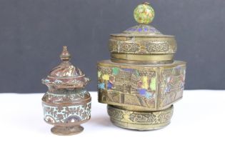 Two Chinese brass lidded jars with enamel decoration.