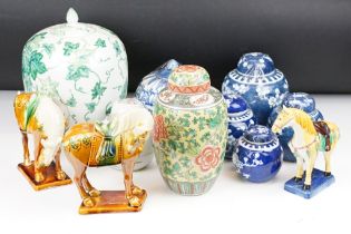 Collection of eight Chinese / Oriental ginger jars & covers to include four decorated with blue &