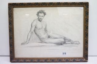 English School, reclining male nude, pencil, indistinctly signed lower right, label verso, label