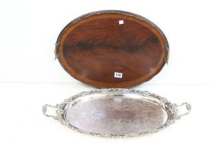 Large 19th century Silver Plated Serving Tray and a Mahogany Serving Tray, longest 69cm