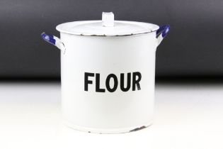 Vintage White enamel flour bin & cover, twin-handled, with black lettering. Approx 24cm high