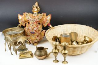 Collection of mixed brassware (featuring stamp box, vases miniature candlesticks, novelty money box,