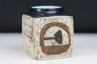 Troika Pottery marmalade pot with typical incised decoration to each face, marked to base, with