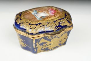 19th Century Sevres blue ground porcelain casket, of tapered bombe outline, the domed lid with an