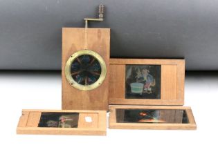 A group of three 'Circus Performer' magic lantern slides together with a kaleidoscope example.