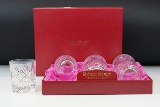 Boxed set of six Royale County Italian crystal whisky tumblers. (Tumblers approx 8.5cm high)