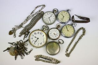 A collection of six mixed pocket watches together with albert chains and watch keys.