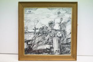 Framed Signed Ink Drawing of a Surrealist Classical scene with Plinth and Sculpture, 43 x 43cm