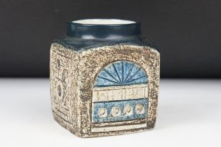 Troika Pottery marmalade pot with typical incised decoration to each face, marked ' Troika ' to