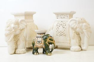 Near pair of Chinese white ceramic garden seats modelled as elephants (approx 43cm high), plus a