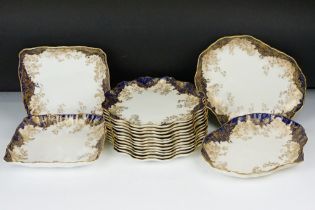 Royal Doulton dessert service with gilt foliate decoration & cobalt blue borders, to include 12