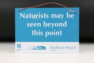 Studland Beach ' naturists may be seen beyond this point sign ' . Measures 21 x 29cm.