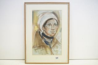 20th century Signed Pastel and Chalk Portrait of a Young Woman in outdoor attire, 47.5cm x 31cm
