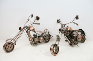 Two Steam Punk type motorcycle models with copper finish. Each approx 82cm long