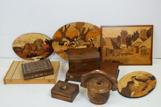 Mixed wooden collectables to include 5 x marquetry pictures (featuring horse & lion examples),
