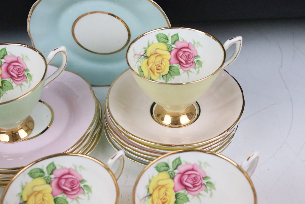 Set of six Cavour Ware trios, each with printed roses to the inside of the cups and gilt rims. All - Image 3 of 5