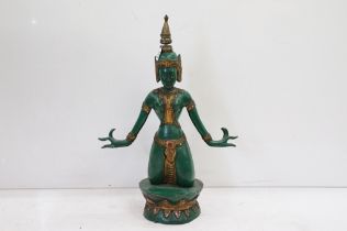 Green lacquered & gilt wooden sculpture of a kneeling Thai Buddha, with jewel effect decoration,