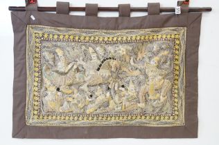 South East Asian Stumpwork style Wall Hanging Panel depicting a horse drawn chariot and figures,
