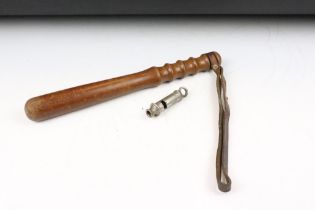 20th Century policeman's truncheon having a turned handle and leather strap, together with a 'the