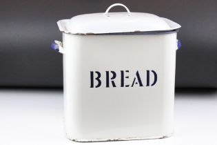 Vintage White enamel bread bin, twin-handled, with blue lettering. Approx 35cm high