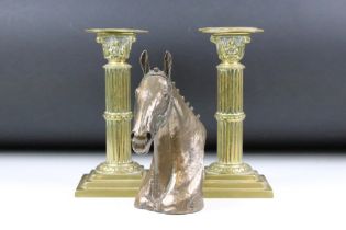 Pair of cast brass neoclassical candlesticks in the form of reeded composite columns, together