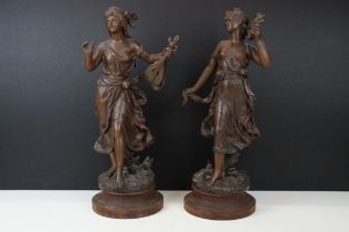 After Moreau, a pair of patinated spelter figures modelled as female musicians, stamped 'Moreau',