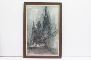 Early 20th century Watercolour Cityscape and Cathedral of Rouen, France inscribed and bearing