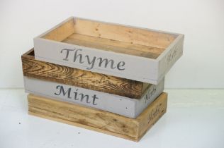 Four Wooden Herb Crates / Trays, two painted and stamped Thyme and Mint and two waxed, each