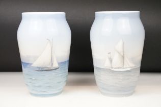 Two Royal Copenhagen vases depicting sailing boats at sea, to include pattern numbers 1495/1217